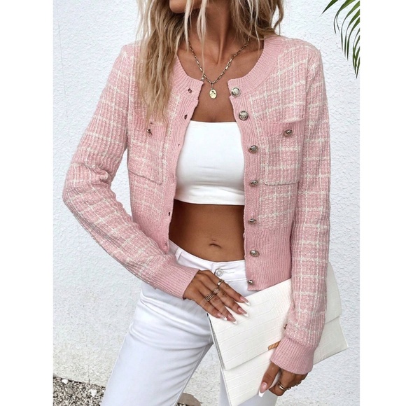 Pink Plaid Button Up Cardigan Knit Long Sleeve  Stretchy - Picture 1 of 9